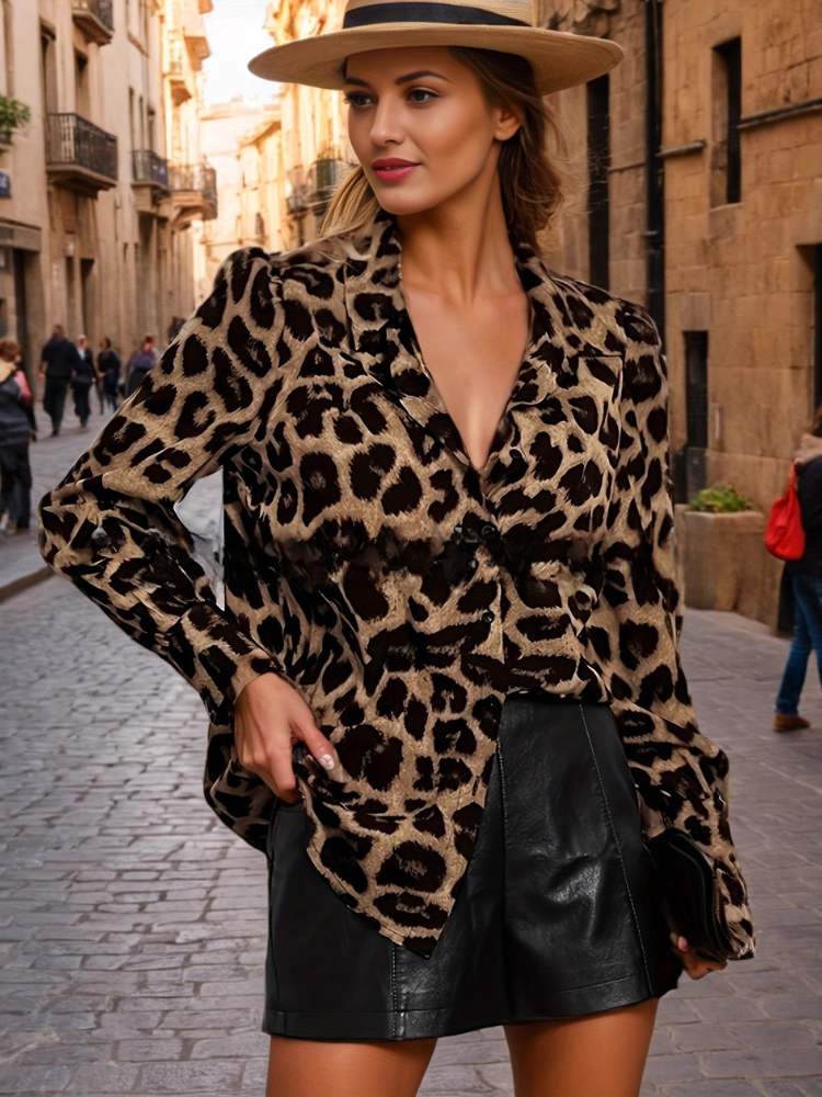 Mulher posando em rua de paralelepípedos usando blusa de estampa leopardo de mangas longas e shorts de couro preto, com chapéu claro.