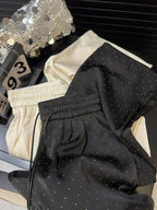 Calça Feminina de Perna Larga Com Strass de Luxo