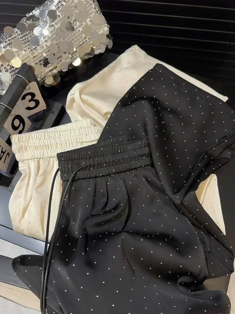 Calça Feminina de Perna Larga Com Strass de Luxo