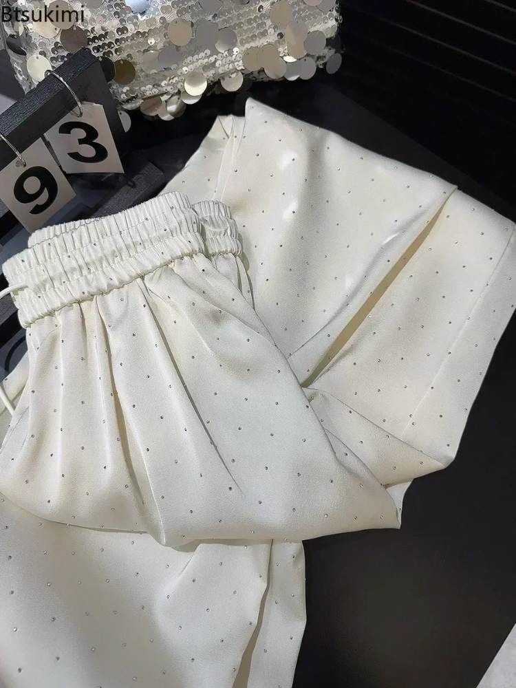 Calça Feminina de Perna Larga Com Strass de Luxo