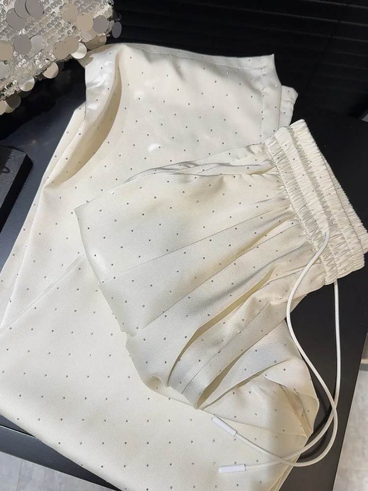 Calça Feminina de Perna Larga Com Strass de Luxo