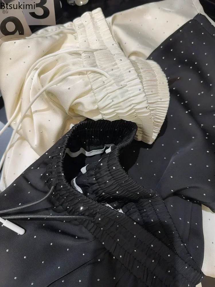 Calça Feminina de Perna Larga Com Strass de Luxo