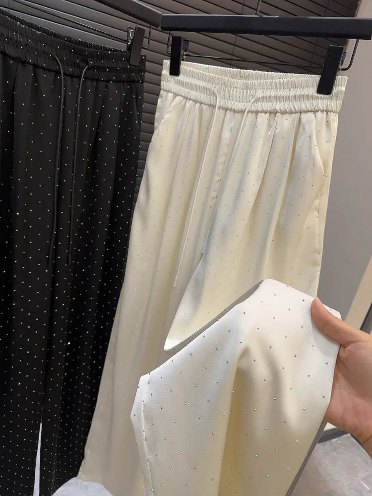 Calça Feminina de Perna Larga Com Strass de Luxo