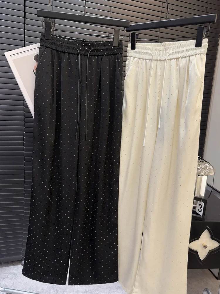 Calça Feminina de Perna Larga Com Strass de Luxo