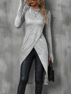 blusa feminina cinza mesclada longa com abertura frontal transpassada e manga longa
