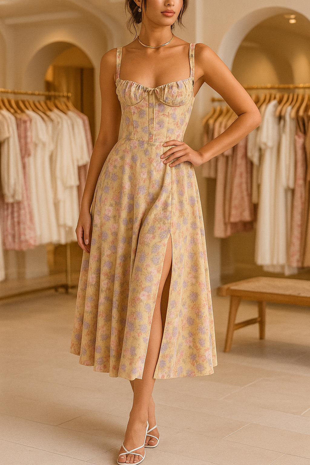 Vestido Midi Floral com Fenda Lateral