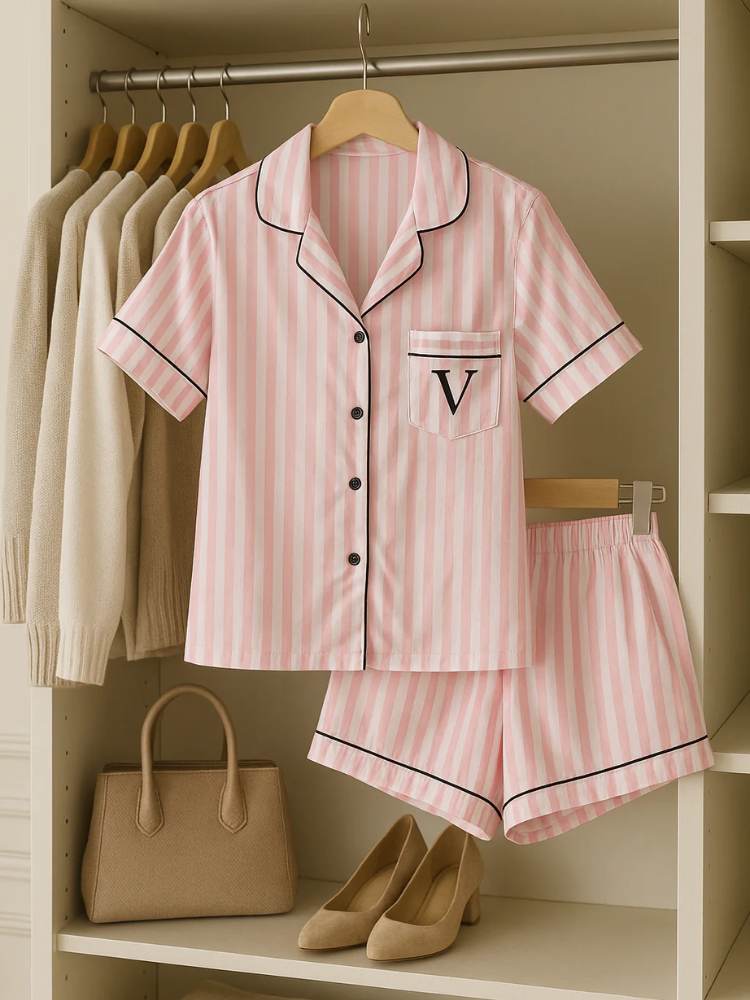 Pijama feminino rosa listrado em cetim pendurado em closet organizado, com camisa de botões e shorts com acabamento preto.