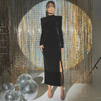 Vestido Feminino Brilhante Preto Fenda Sexy Mara