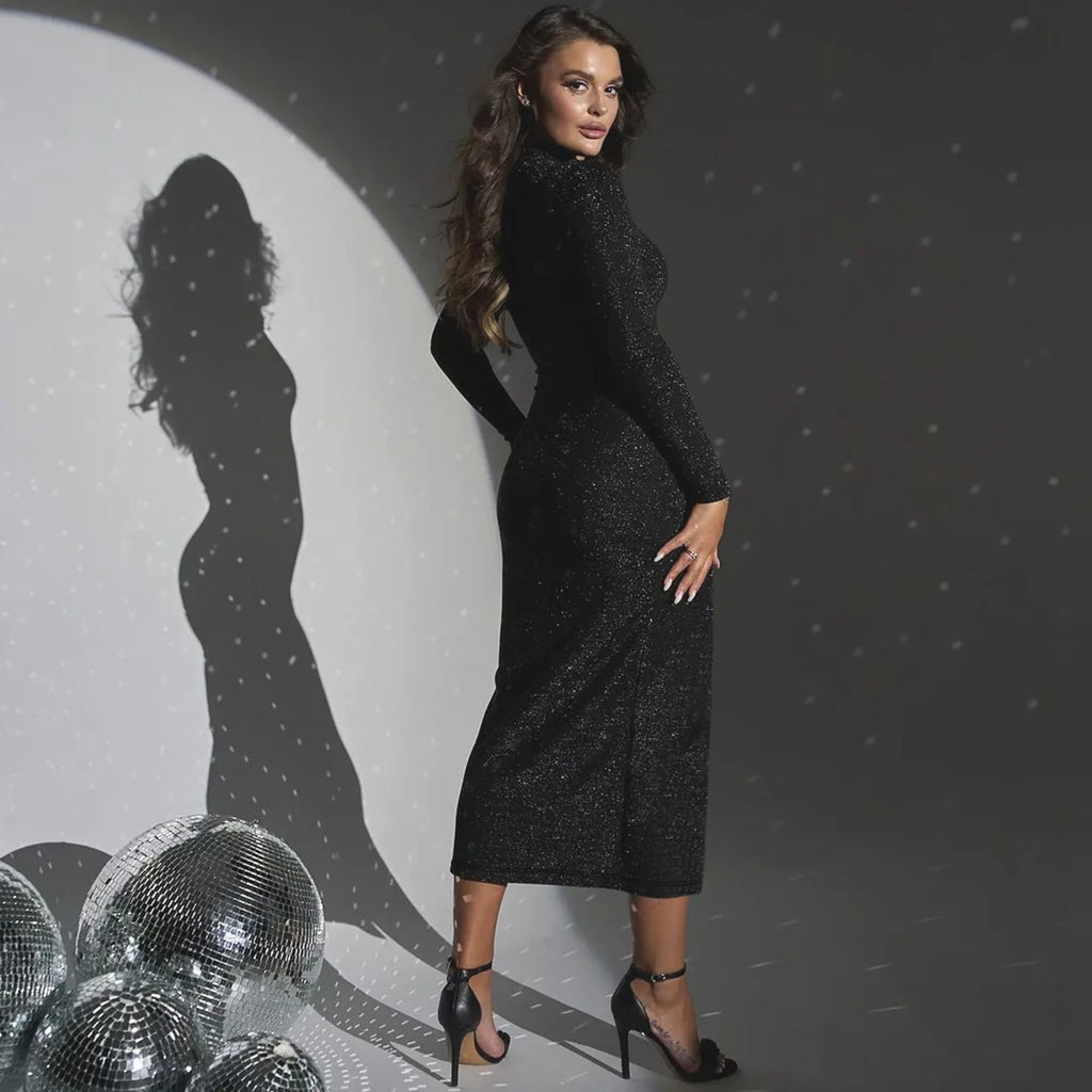 Vestido Feminino Brilhante Preto Fenda Sexy Mara