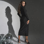 Vestido Feminino Brilhante Preto Fenda Sexy Mara