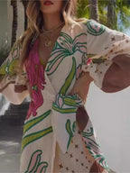 Vestido Feminino Longo Estampado Decote V Atena