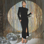 Vestido Feminino Brilhante Preto Fenda Sexy Mara