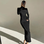 Vestido Feminino Brilhante Preto Fenda Sexy Mara