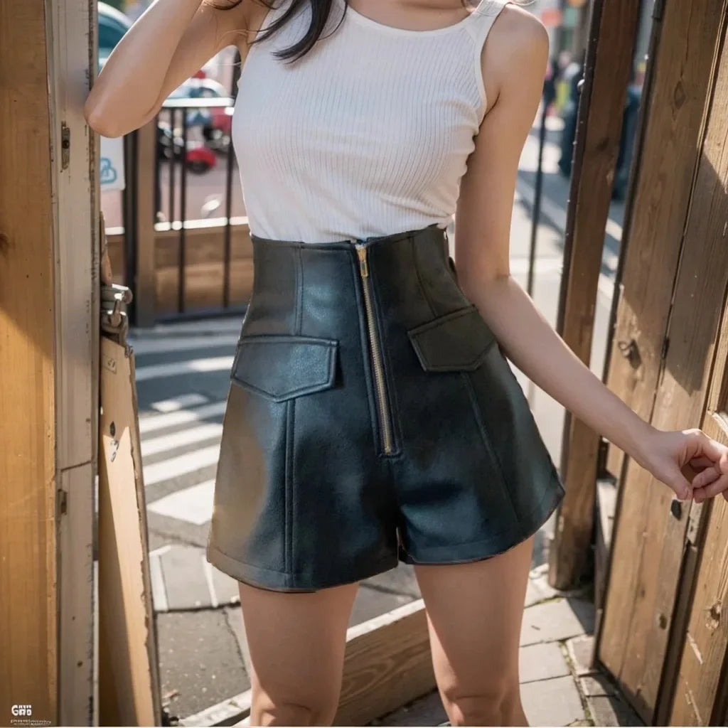 Shorts feminino Cintura Alta Couro Sintético