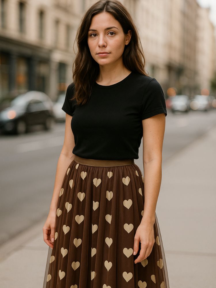 Saia longa de tule marrom com estampa de corações bege, usada com blusa preta em ambiente urbano.