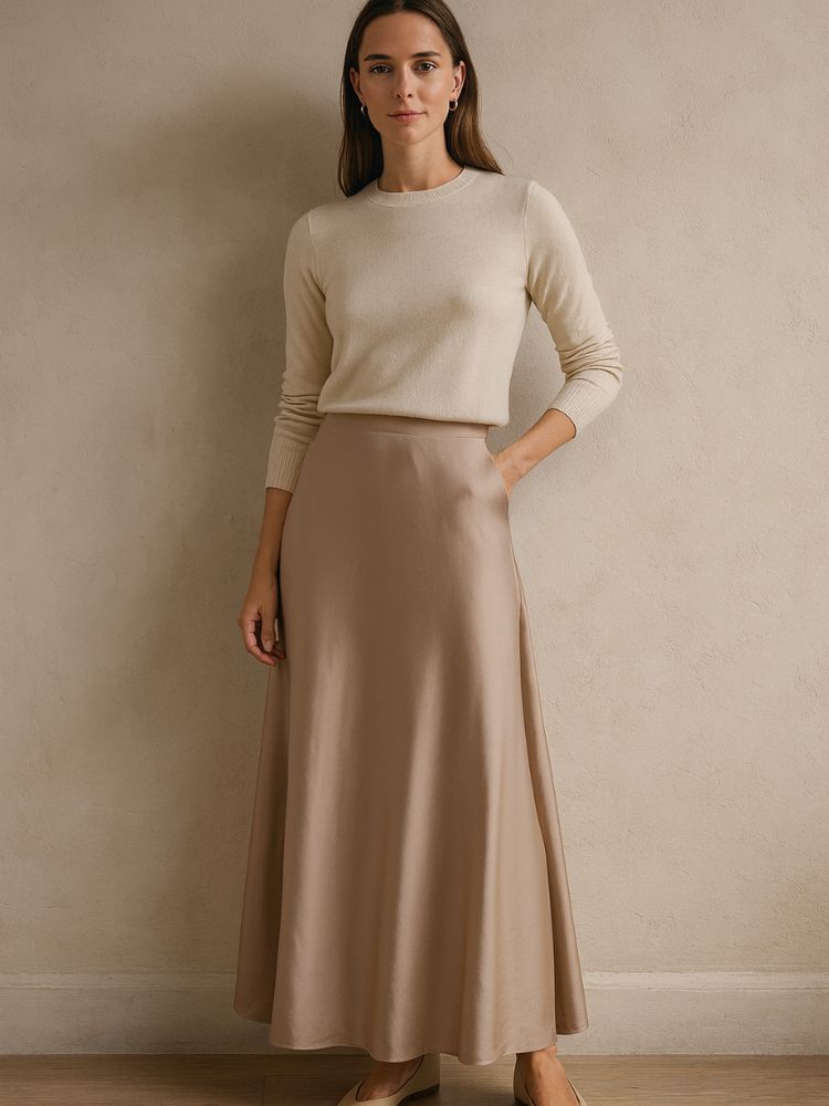 Saia midi nude em cetim com caimento sofisticado, usada com blusa de tricô bege em produção minimalista.