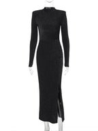 Vestido Feminino Brilhante Preto Fenda Sexy Mara