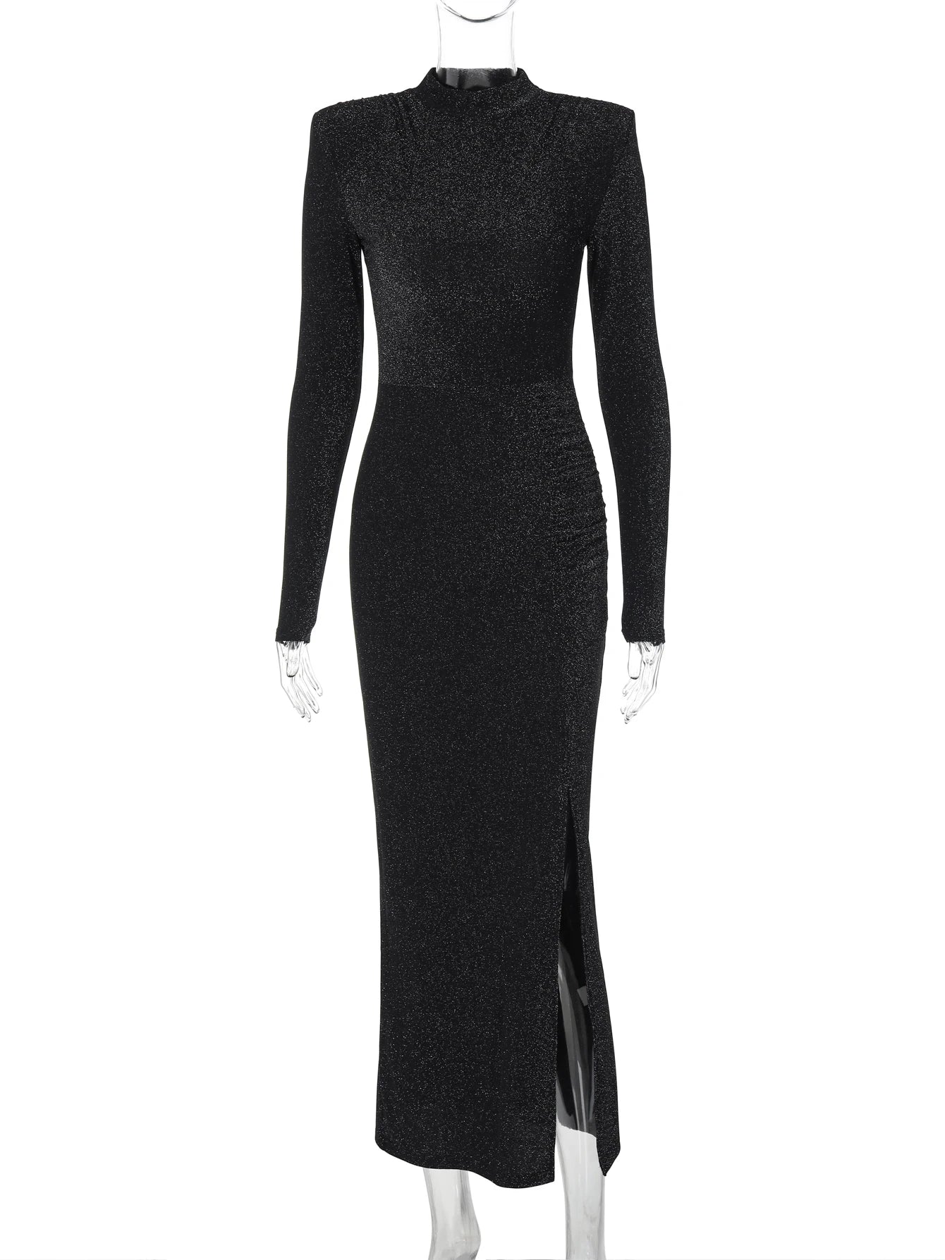 Vestido Feminino Brilhante Preto Fenda Sexy Mara