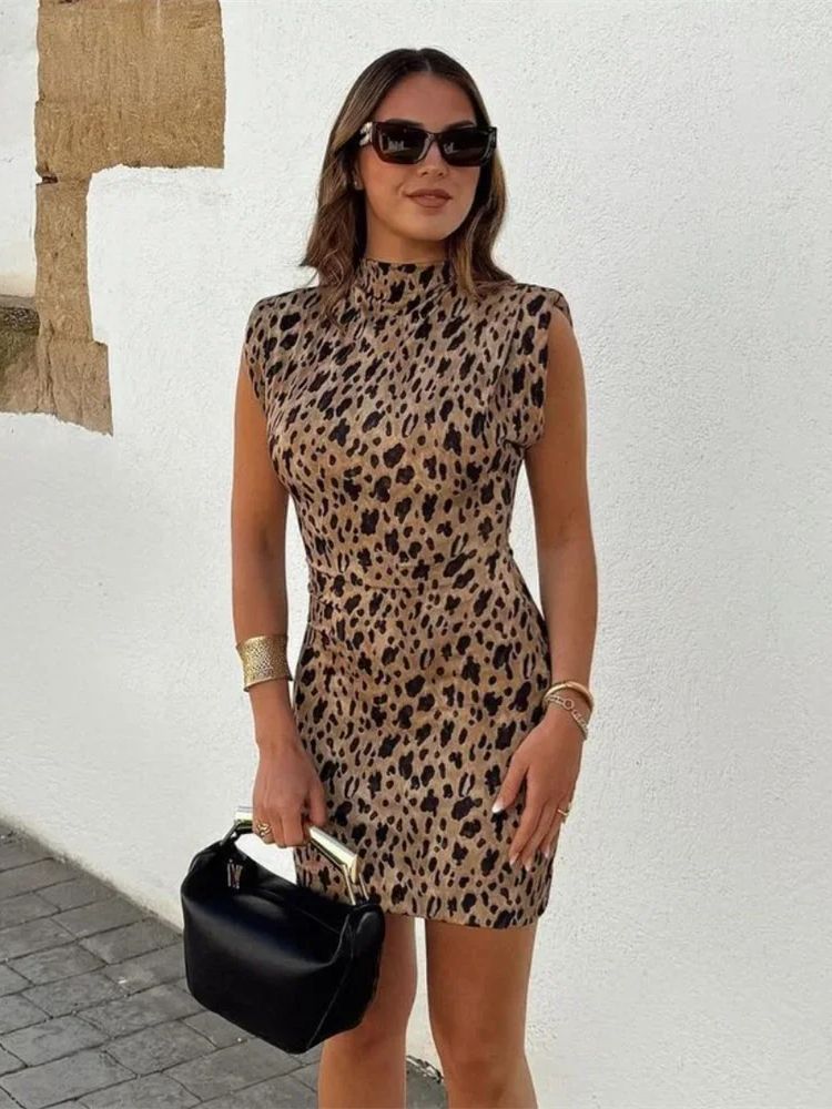 Vestido Curto Feminino Elegante Estampa de Leopardo